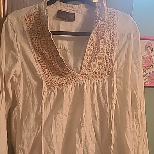 Lucky Brand Cream Embroidered Bib Collar Tunic
